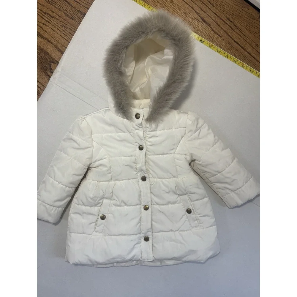Janie And Jack Faux Fur Trimmed Puffer Coat Girls Sz 18 -24 Months Cream